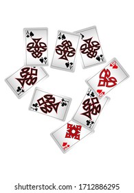 Casino Chips are falling down. Playing Chips rain. Vector illustration
Playing Cards on White Background. Pattern for ads of parties, events in Vegas. Vector illustration