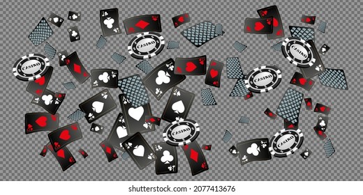 Los Chips de Casino y los Chips de Casino se están cayendo. Llueven las tarjetas de juego. Patrón para anuncios de fiestas, eventos en Las Vegas. Ilustración del vector
