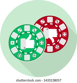 casino chips flat icon with like and dislike symbols on them on green background