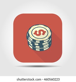 casino chips flat icon with long shadow, vector illustration 
