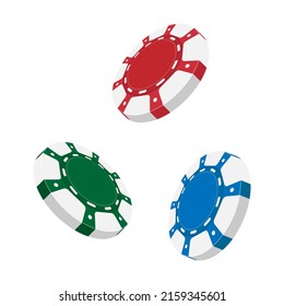 Casino chips or flying realistic game tokens, volumetric forms of entertainment facilities or empty money for roulette or poker, blackjack. Vector