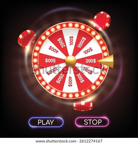 Casino chips and glowing fortune wheel. Online gambling game template on dark background vector illustration