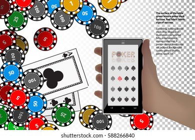 casino chips hand smart phone on a white background. winnings concept. illustration to use for printing, website, smart phone, wallpaper, decoration, decorations, etc.