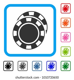 Casino Chips icon. Flat grey iconic symbol in a blue rounded frame. Black, gray, green, blue, red, pink color versions of casino chips vector. Designed for web and application UI.