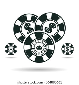 Casino chips icons, monochrome poker sign or symbol isolated on white background, vector