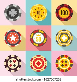 Casino chips icons set. Flat set of casino chips vector icons for web design