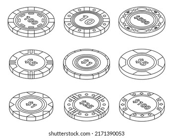 Casino chips icons set. Isometric set of casino chips vector icons outline isolated on white background