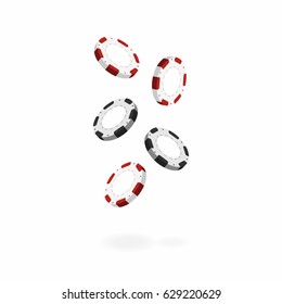 Casino chips isolated on white background. Falling realistic 3d gambling chips. Vector illustration for website, brochure, logo, ui in applications