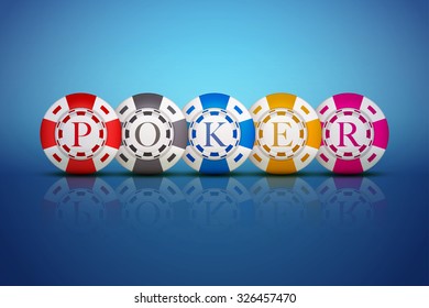 Casino chips with letters POKER on blue background. Vector Illustration.