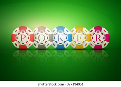 Casino chips with letters POKER on green background. Vector Illustration.