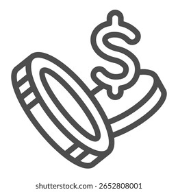 Casino chips ícone de linha, jogo e conceito de jogo. Gráficos vetoriais. Dólar com moedas, sinal financeiro no fundo branco, ícone de estilo de contorno para design móvel ou web
