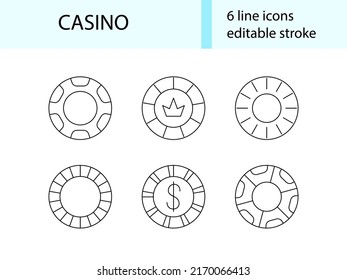 Casino chips line icons collection. Poker and slot machine signs set. Bingo and jackpot. Contour symbols pack. Editable stroke. Isolated vector stock illustration