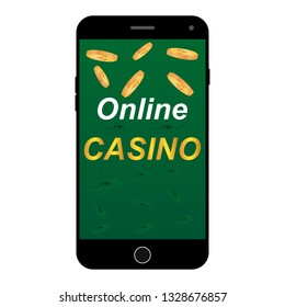 casino chips and mobile isolated on green background