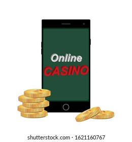 casino chips and mobile isolated on green background