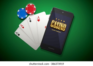 casino chips and mobile isolated on green background