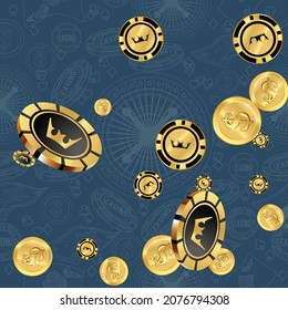 Casino Chips and Money are falling down. Playing Cards rain. Pattern for ads of parties, events in Vegas. Vector illustration