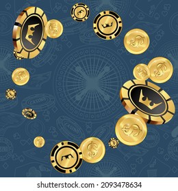 Casino Chips and Money are falling down. Playing Cards rain. Pattern for ads of parties, events in Vegas.