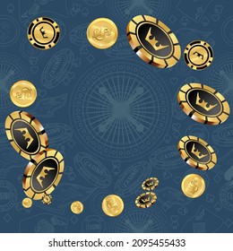Casino Chips and Money are falling down. Playing Cards rain. Pattern for ads of parties, events in Vegas.