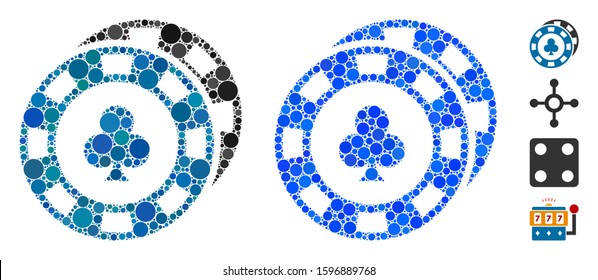 Casino chips mosaic of small circles in various sizes and color tones, based on casino chips icon. Vector filled circles are united into blue mosaic.