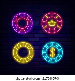 Casino chips neon icon collection. Jackpot signboard. Poker money emblem. card game. Bright logo. Editable stroke. Vector stock illustration