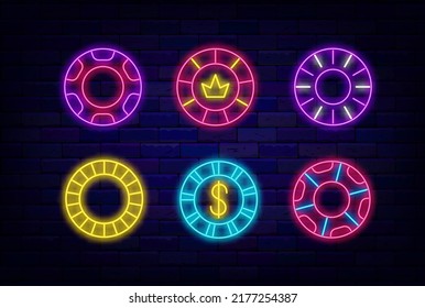 Casino chips neon icon collection. Different design. Poker money emblem. Card game. Bright logo. Editable stroke. Vector stock illustration