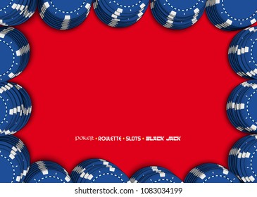 Casino chips on a red background. Top view of blue stacks casino chips