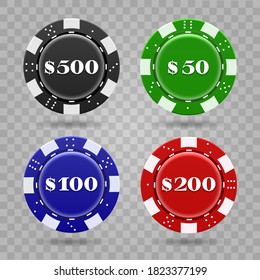 Casino chips on transparent background. Realistic plastic tokens for poker or roulette, symbol of gambling, vector illustration of gaming coins for online risky sport