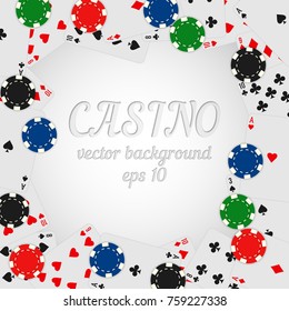 Casino chips and playing cards vector background with place for your text. Gambling fond with playing cards and gaming coins for website, banner or printing