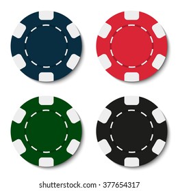 Casino chips. Poker chips. Blue, red, green and black chips. Vector set