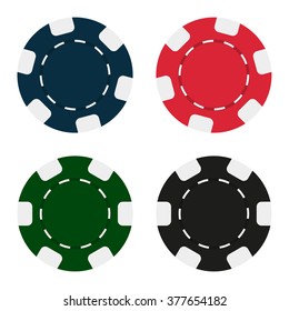 Casino chips. Poker chips. Chips icons. Blue, red, green and black chips. Vector set