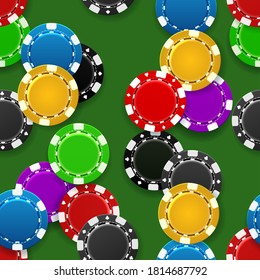 Casino chips seamless pattern. Realistic gambling symbols, plastic tokens for poker or roulette, vector illustration of gaming coins for online risky sport