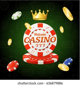 Casino Chips Sign with Golden Coins and Royal Crown Gambling Game on Green. Vector illustration