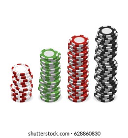 Casino chips in stacks isolated on white background. Realistic 3d gambling chips. Vector illustration for website, brochure, logo, ui in applications. Colorful set