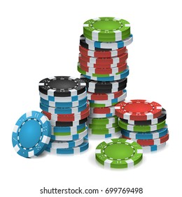 Casino Chips Stacks Isolated Vector. Realistic. White, Red, Black, Blue, Green Casino Chips Illustration.