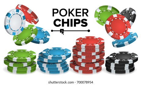 Casino Chips Stacks Vector. Realistic Colored Online Poker Game Chips Set Isolated Illustration.