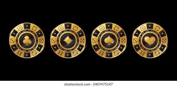 Casino chips or tokens with symbols of four suits- spades, hearts, diamonds and clubs icons.