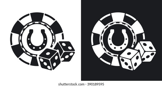 Casino chips with two dices, stock vector. Two-tone version on black and white background