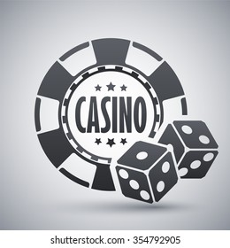 Casino chips with two dices, vector icon