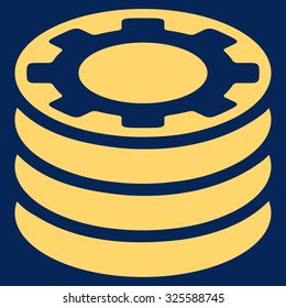 Casino Chips vector icon. Style is flat symbol, yellow color, rounded angles, blue background.
