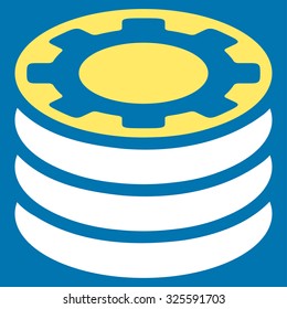 Casino Chips vector icon. Style is bicolor flat symbol, yellow and white colors, rounded angles, blue background.