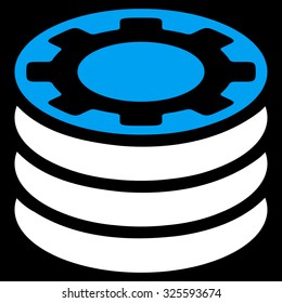 Casino Chips vector icon. Style is bicolor flat symbol, blue and white colors, rounded angles, black background.