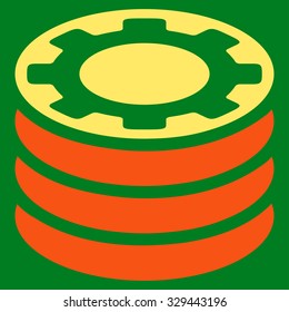 Casino Chips vector icon. Style is bicolor flat symbol, orange and yellow colors, rounded angles, green background.