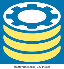 Casino Chips vector icon. Style is bicolor flat symbol, yellow and white colors, rounded angles, blue background.