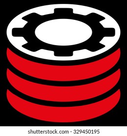 Casino Chips vector icon. Style is bicolor flat symbol, red and white colors, rounded angles, black background.
