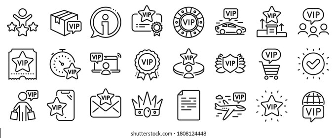 Casino Chips, Very Important Person, Delivery Parcel. Vip Line Icons. Certificate, Player Table, Vip Buyer Icons. Crown, Casino Ticket, Business Class Flight. Membership Privilege. Vector