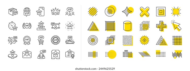 Casino chips, very important person, delivery parcel. Design shape elements. Vip line icons. Certificate, player table, vip buyer icons. Crown, casino ticket, business class flight. Vector