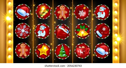 Juego de iconos de juego de tragamonedas de 5 tambores de Casino Christmas, fondo de máquina de juegos de azar vectorial, objeto de invierno navidad de x-mas. Elemento de diseño de interfaz de usuario en línea, sombrero Santa Claus, pino, lámpara dorada. Banda de juego de ranura de suerte