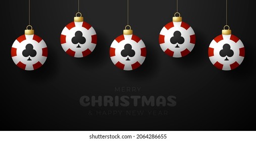 casino christmas greeting card. Merry Christmas and Happy New Year Hang on a thread casino chip as a xmas ball. sport Vector illustration.