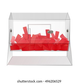 Casino Clear See Through Acrylic Raffle Turning Drum With Red Paper Tickets Isolated On White Background. Vector Illustration