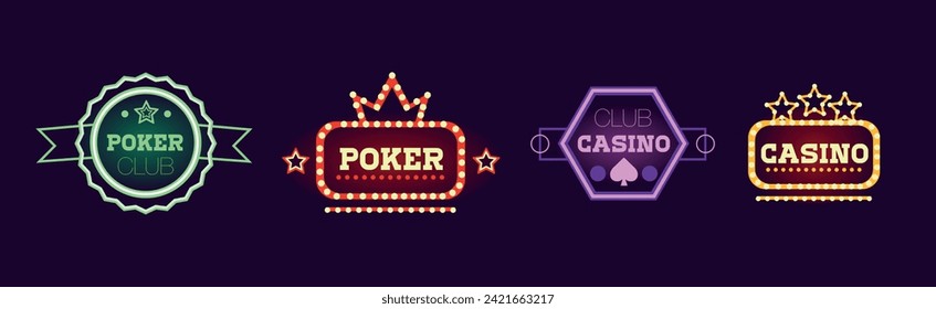 Casino Club Neon Light Sign and Label Vector Set